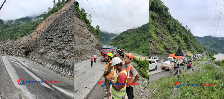 नारायणगढ–मुग्लिन सडक खण्डमा पहिरो खस्यो, दुईतर्फी बाटो अवरुद्ध