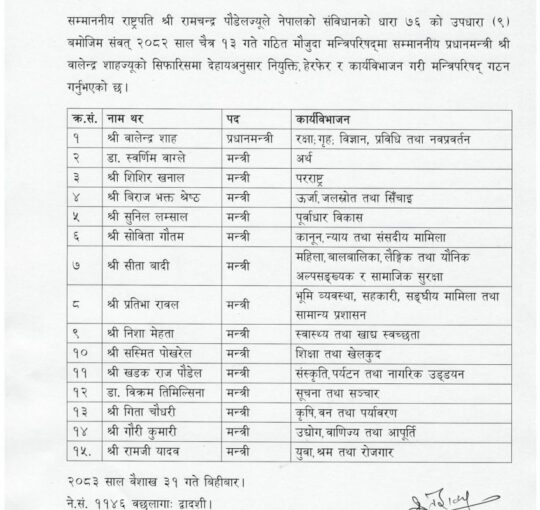 मन्त्रिपरिषद् हेरफेर प्रधानमन्त्री वालेन्द्र शाहलाई तीन मन्त्रालयको जिम्मेवारी 1778761701 MINIstery 31